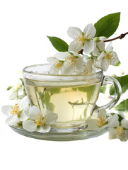 Aromatic jasmine tea in a clear glass cup with delicate white flowers.
