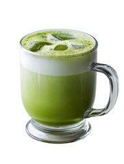 Refreshing matcha latte with ice in a clear glass mug.