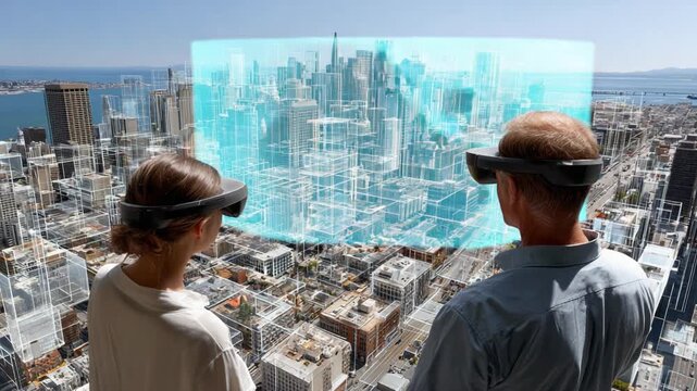 Augmented City View: Two individuals explore an innovative cityscape through augmented reality headsets, bridging the gap between the physical world and digital information.