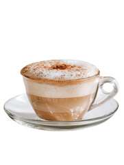 Obraz premium Delicious cappuccino served in a clear glass cup on a saucer.