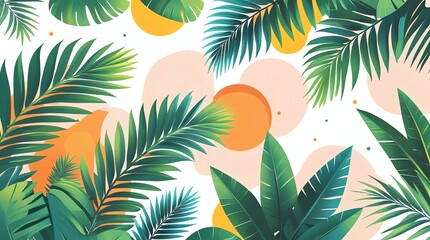 Vibrant tropical foliage and abstract shapes on a white background