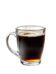 A steaming cup of coffee in a clear glass mug against a dark background.