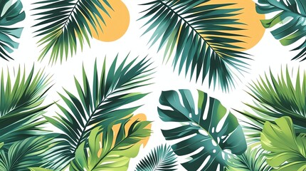 Vibrant tropical foliage and abstract sun shapes on a white background