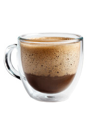 Obraz premium A close-up shot of a foamy coffee drink in a clear glass mug.