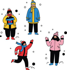 A charming illustrated set of four people in colorful winter clothes enjoying the falling snow.