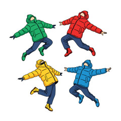 A collection of four illustrated people jumping in colorful red green yellow and blue winter puffer jackets.