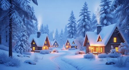 Cozy Winter Cottages Snowed In with Lit Up, Path in Snow, and Fir Trees Background.