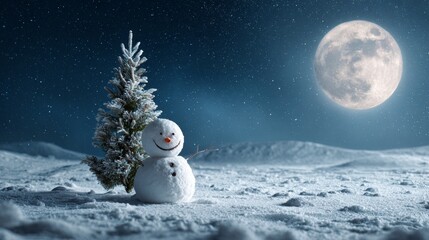 Obraz premium Snowman with face next to a pine tree in snow at night with a big full moon