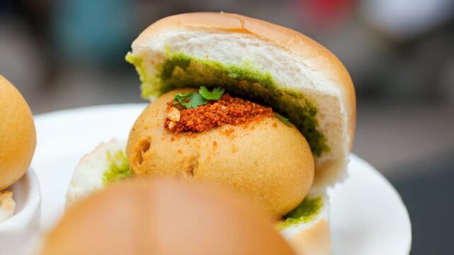 Close up of vada pav, a popular indian street food dish, featuring a spiced potato fritter in a bun