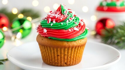 Single Christmas Cupcake on White Plate