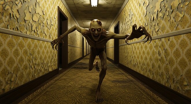 Creepy Zombie Chasing Down Narrow Hallway with Scary Horror Scene, and POV Perspective.