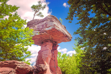 Famous rock formation Devil's Table (Teufelstisch) in Hinterweidenthal in the German part of the Wasgau region, in the southern Palatine Forest at Rhineland-Palatinate, Germany