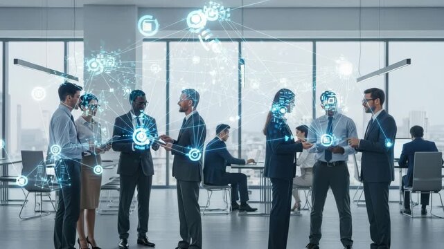 Diverse business team collaborating with digital technology in a modern office setting, showcasing innovation and connectivity - Powered by Adobe