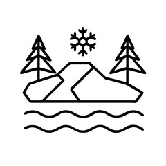 Vector art of winter landscape with snowy mountains, pine trees, and a frozen lake, creating a serene and cold scene