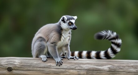 Fototapeta premium Curious Ringtailed Lemur Perched on Log with Eyeing Something in Lush Green Forest.