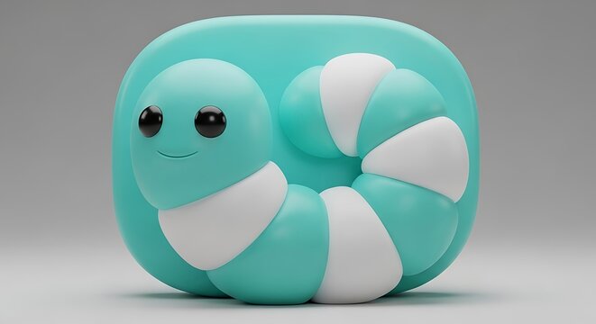 Cute 3D cartoon worm character with smiling, and on a blue background with a rounded square.