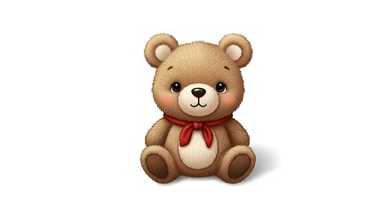 Obraz premium Cute Cartoon Teddy Bear with Red Bow Sitting on White Background.