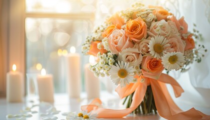 Obraz premium Beautiful bouquet of peach roses and white daisies tied with orange ribbon, displayed on a table in a bright sunlit room with candles adding warmth