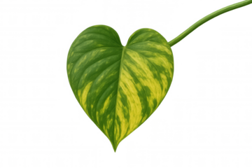 Heart-shaped variegated pothos leaf on a vine with green and yellow pattern, transparent background