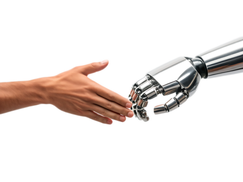 Human hand reaching out to a silver metallic robot hand against a black background in a studio shot