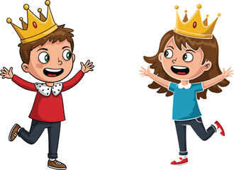 Cartoon children with crowns, boy in red shirt, girl in blue shirt, playful royalty, joyful dancing, childhood imagination, fantasy illustration