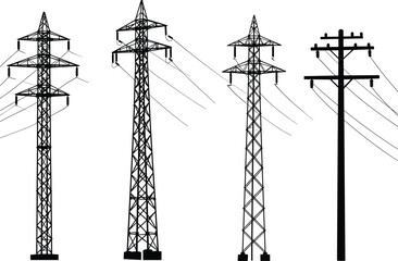 Silhouette electrical transmission towers, lattice steel structures, wooden utility pole, power distribution system, urban infrastructure, energy grid, overhead lines illustration