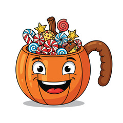 A happy cartoon pumpkin mug character filled with Halloween candy and sweets.
