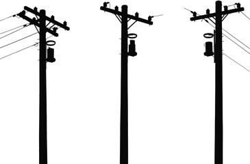 Silhouette utility poles with transformers, insulators, electrical components, power lines, energy distribution system, urban infrastructure, electricity grid, overhead wires illustration