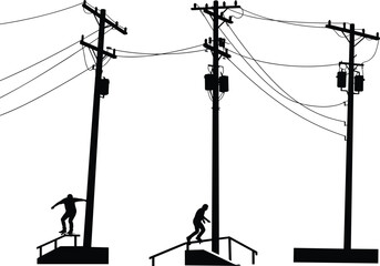 Silhouette utility poles with transformers, power lines, skateboarders performing tricks, urban infrastructure, street sports culture, electricity grid, black and white illustration