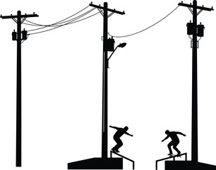 Silhouette utility poles with transformers, power lines, skateboarders performing tricks, urban infrastructure, street sports culture, electricity grid, black and white illustration