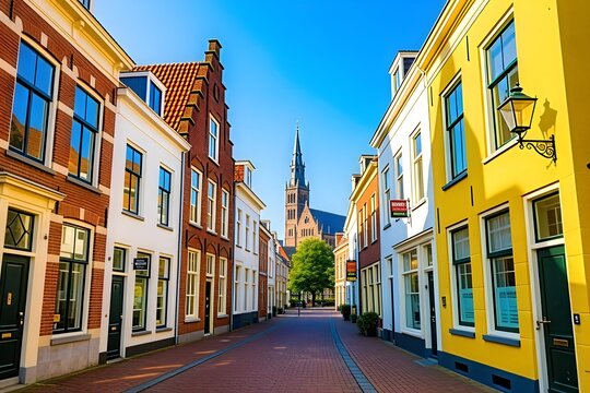 Charming street view in Amersfoort Netherlands showcases colorful houses leading to the majestic St Joriskerk church under a beautiful clear blue summer sky. - Powered by Adobe