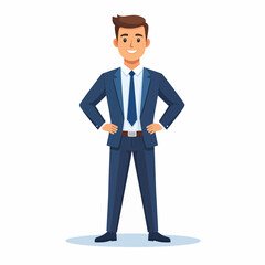 Obraz premium Smiling young businessman in navy suit with red tie standing confidently flat design vector illustration