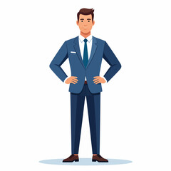 Fototapeta premium Smiling young businessman in navy suit with red tie standing confidently flat design vector illustration