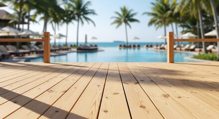 Bright pine wooden deck with seaside resort blur, crisp sunlight photography for tropical luxury vacation design