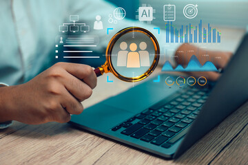 Businessman holding magnifying glass and laptop for customer data analysis with AI technology, digital marketing strategy, and business intelligence artificial concept for online growth and insights