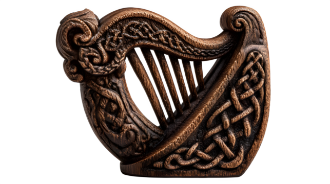 A small, carved wooden Irish harp with intricate Celtic knotwork. isolated on white background