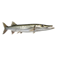 Naklejka premium Realistic Barracuda PNG – Long Predatory Fish with Shiny Scales on Pure White Background