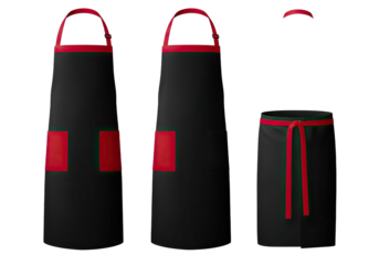 Set of black aprons with red trim on a black background offering kitchen and culinary preparation