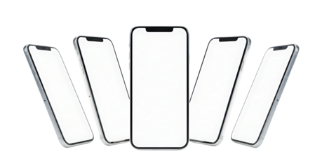 Multiple blank screen smartphones displayed in a fan formation with a transparent background