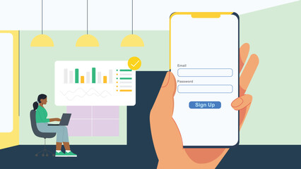 Mobile App Signup Form with Analytics Dashboard and User Interface Elements