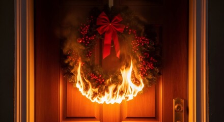 Fototapeta premium Holiday wreath on fire, illustrating fire hazard and safety awareness during Christmas and winter season. Home safety concept for holiday.
