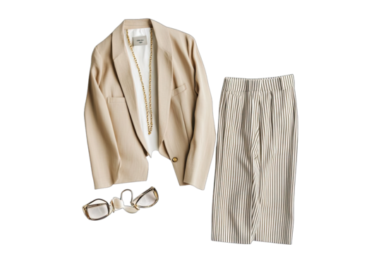 Stylish beige blazer and striped pants ensemble laid out against a black backdrop creating elegant