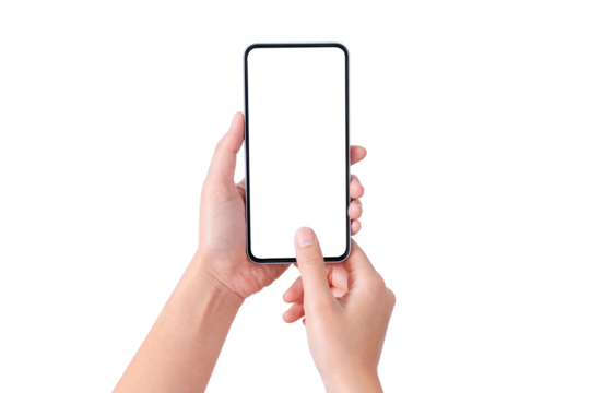 Close-up of hand showing blank smartphone screen isolated on a transparent background. Suitable for technology, marketing and product placement concepts.