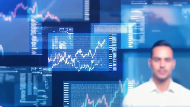 A focused man in front of a complex stock market data display, analyzing financial trends and investment opportunities - Powered by Adobe