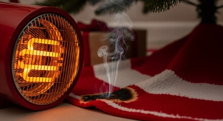 A red space heater ignites a christmas skirt under a tree, showing a fire safety hazard during winter holiday. Dangerous heat concept.