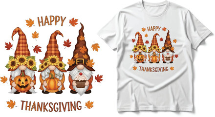 Three Gnomes Happy Thanksgiving T-Shirt Design with Pumpkins and Sunflowers