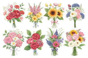 Flower Bouquets PNG Set – Realistic Floral Arrangements Isolated and Separated on Transparent Background