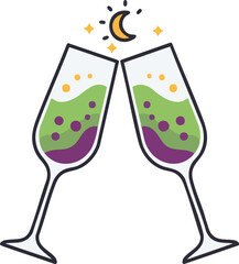 Fototapeta premium Two glasses toasting with a green liquid and moon on a white backdrop.
