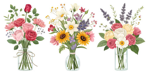 Naklejka premium Flower Bouquets PNG Set – Realistic Floral Arrangements Isolated and Separated on Transparent Background