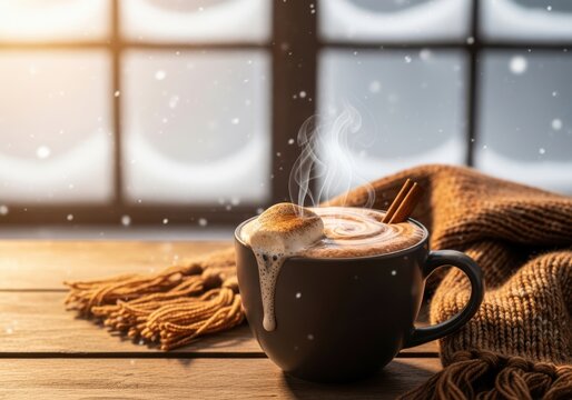 Cozy hot chocolate with marshmallows and cinnamon stick, steaming by a window with falling snow and warm light, perfect for winter comfort